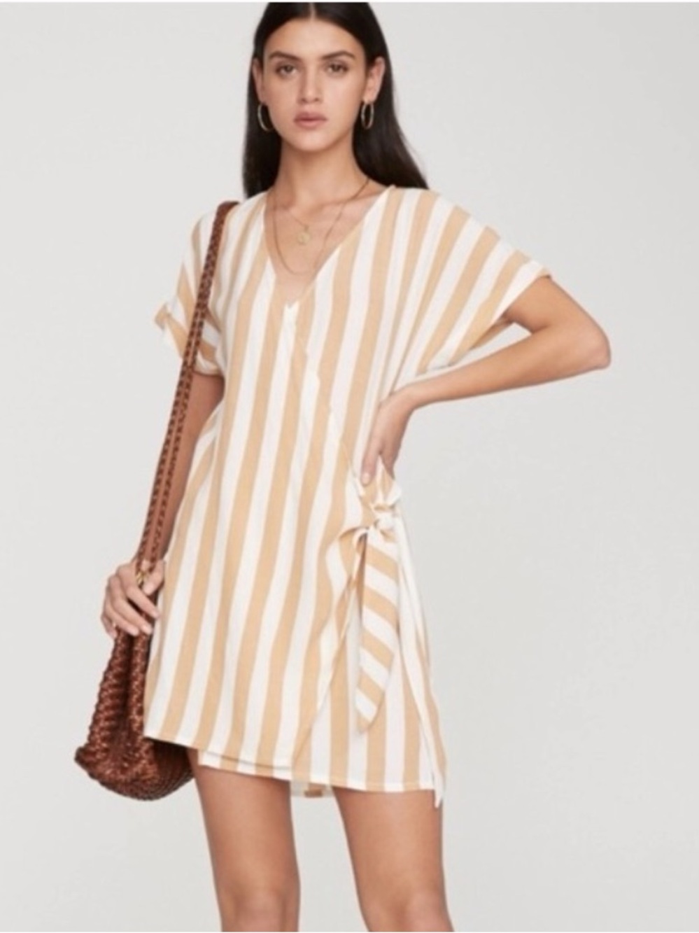 Faithfull The Brand Womens S Striped Wrap Mini Dress Tan White Resort Size 4
